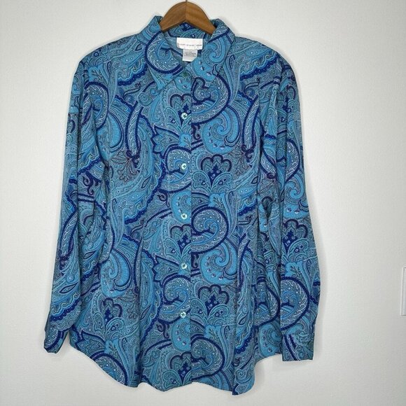 Susan Graver Button up Shirt Blue Paisley 1X Preppy - Picture 1 of 9